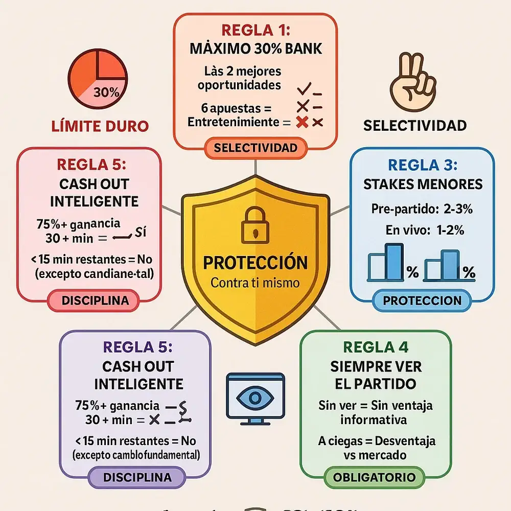 5 reglas fundamentales de gesti&oacute;n y disciplina para apuestas en vivo: l&iacute;mite 30%, m&aacute;ximo 2 apuestas, stakes menores