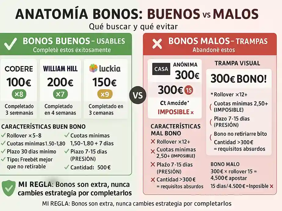 Comparaci&oacute;n de bonos buenos vs malos: ejemplos reales de rollover razonable vs rollover trampa en casas de apuestas