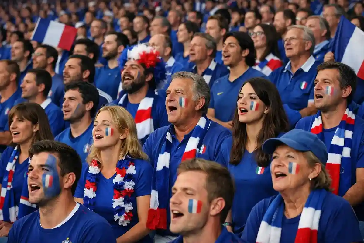 Aficionados franceses animando en las gradas de un estadio de f&uacute;tbol