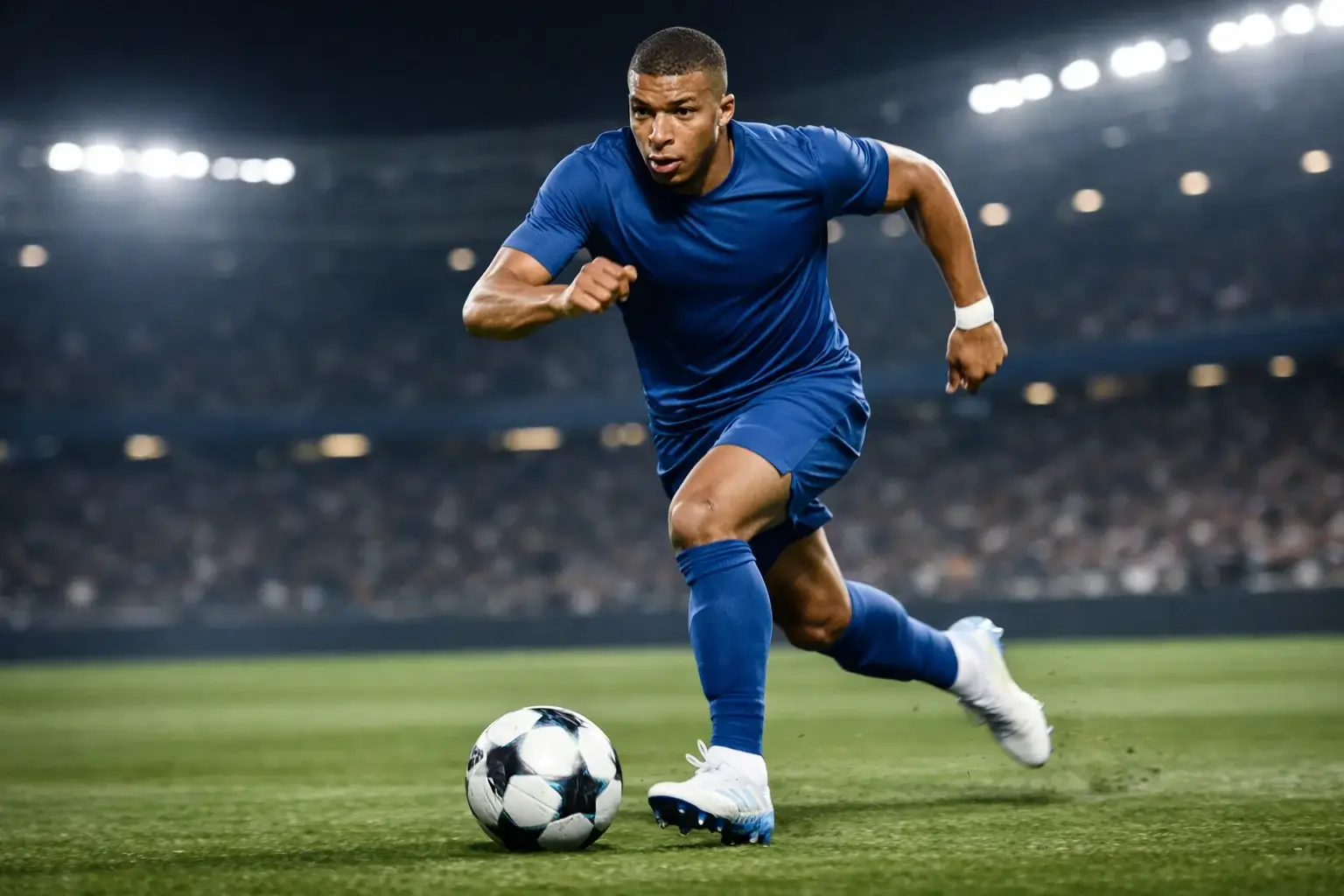 Kylian Mbapp&eacute; corriendo con el bal&oacute;n durante un partido internacional