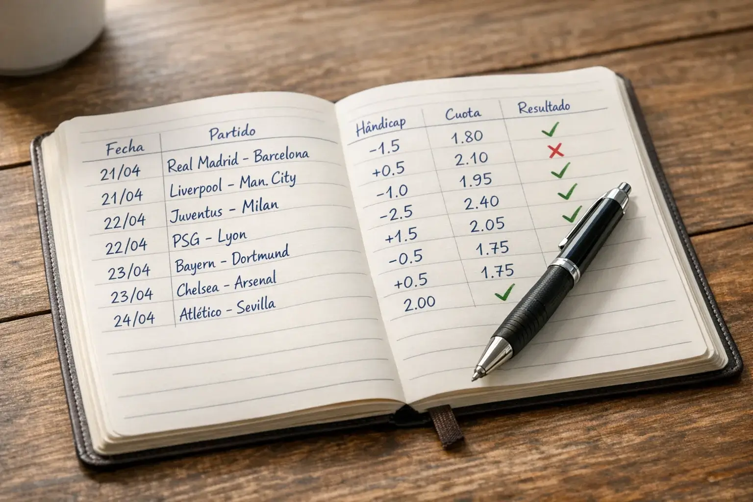 Libreta con anotaciones de apuestas y gesti&oacute;n de presupuesto junto a un bol&iacute;grafo