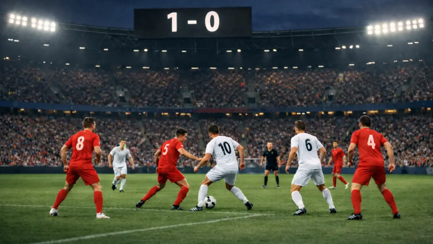 Partido de fútbol en un estadio europeo con marcador electrónico mostrando el resultado