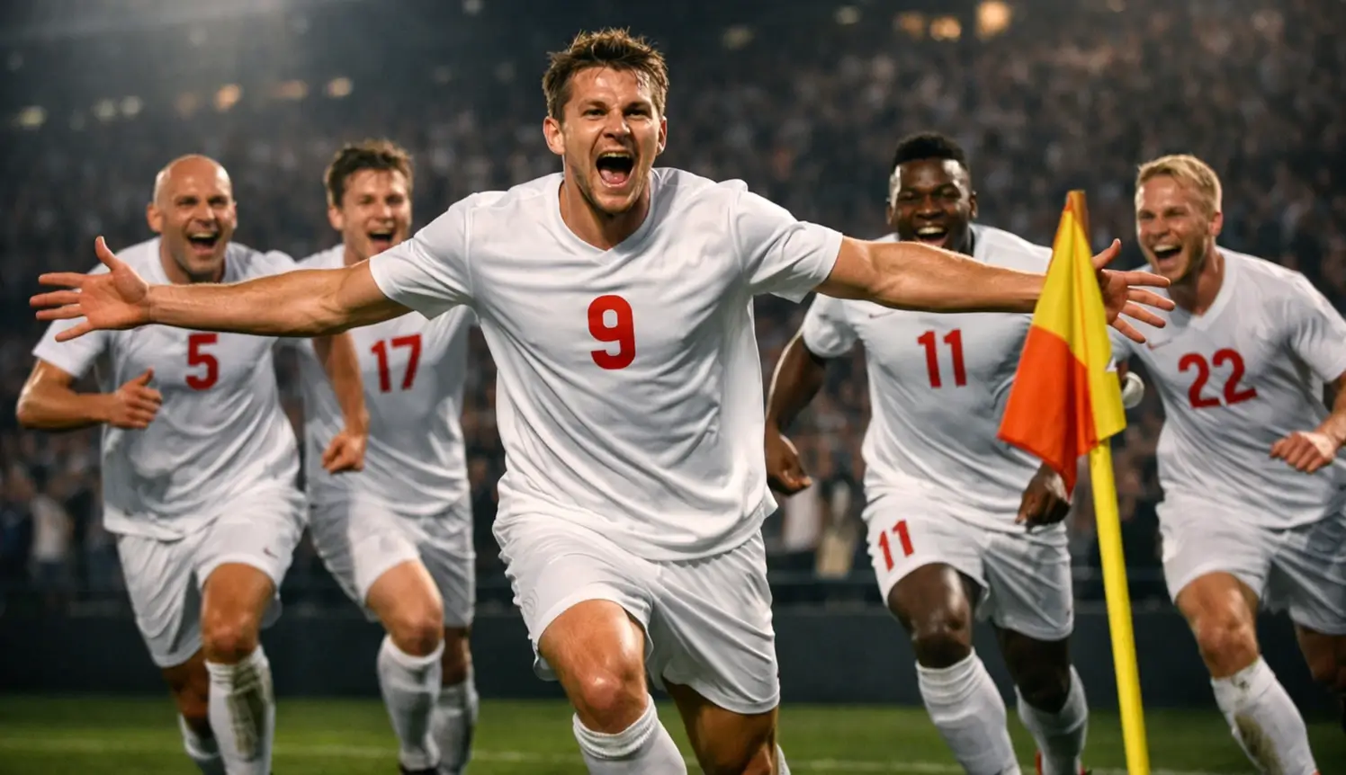 Celebración de gol en un partido de la Eurocopa con jugadores y aficionados