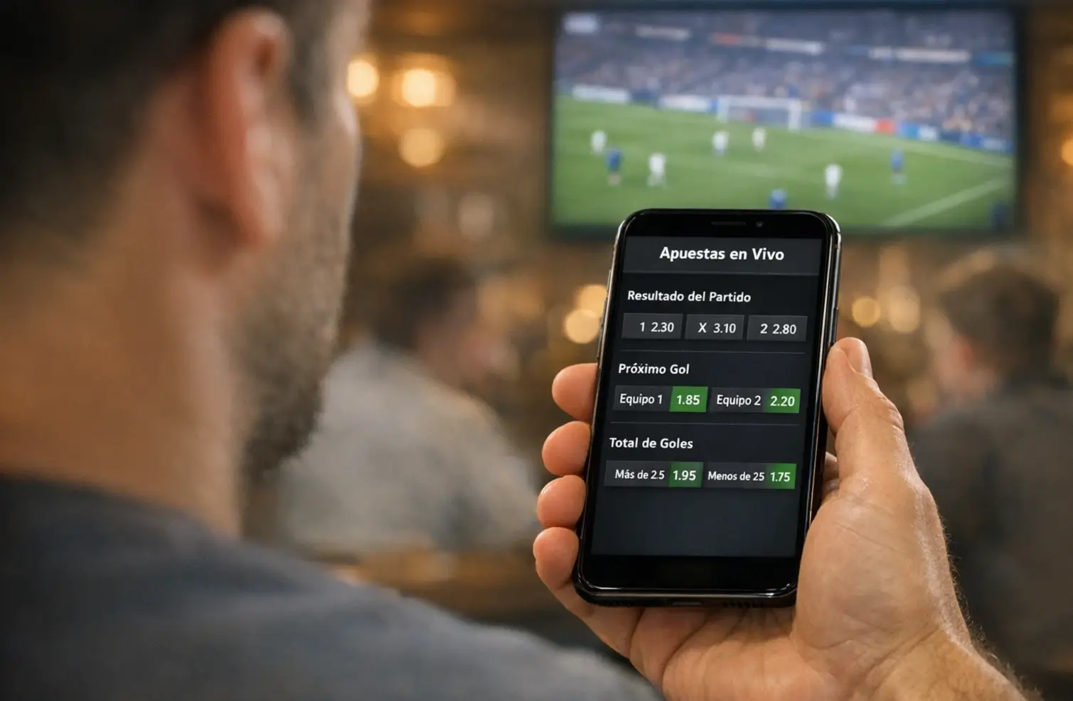 Aficionado viendo un partido de fútbol en vivo con smartphone en mano