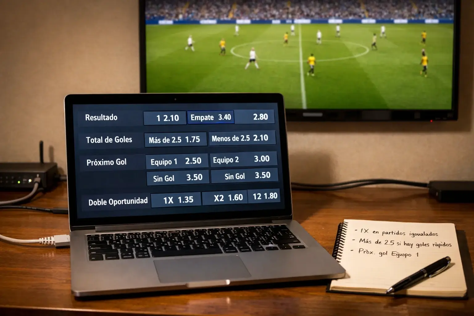 Espacio de trabajo con ordenador port&aacute;til y televisi&oacute;n mostrando un partido de f&uacute;tbol