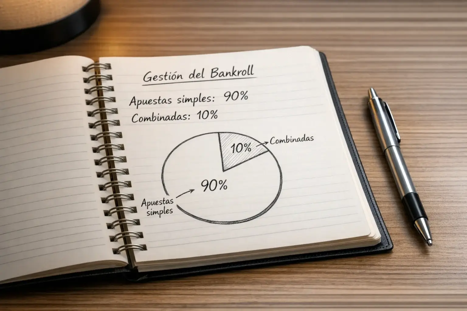Libreta con cálculos de gestión de bankroll y porcentajes de apuestas