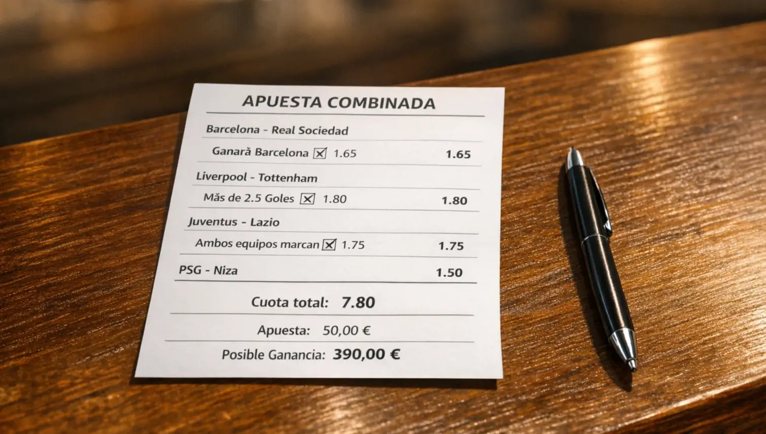 Boleto de apuestas múltiples con varios partidos de fútbol marcados