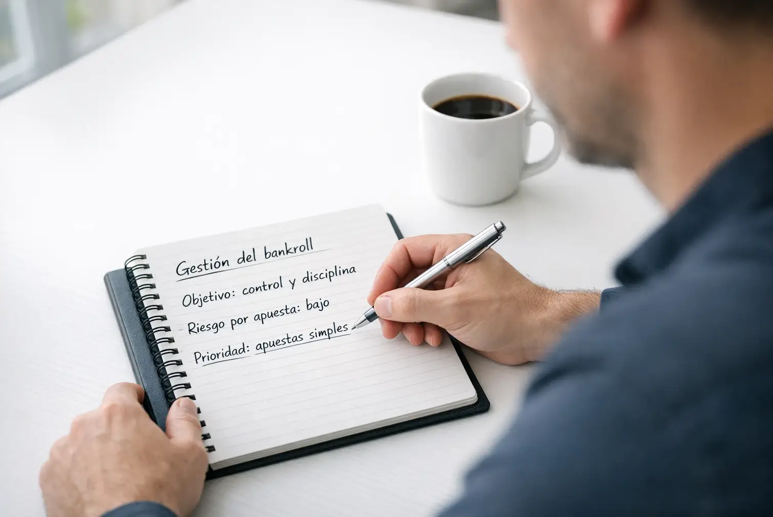 Persona organizando su estrategia de apuestas con un cuaderno y bolígrafo