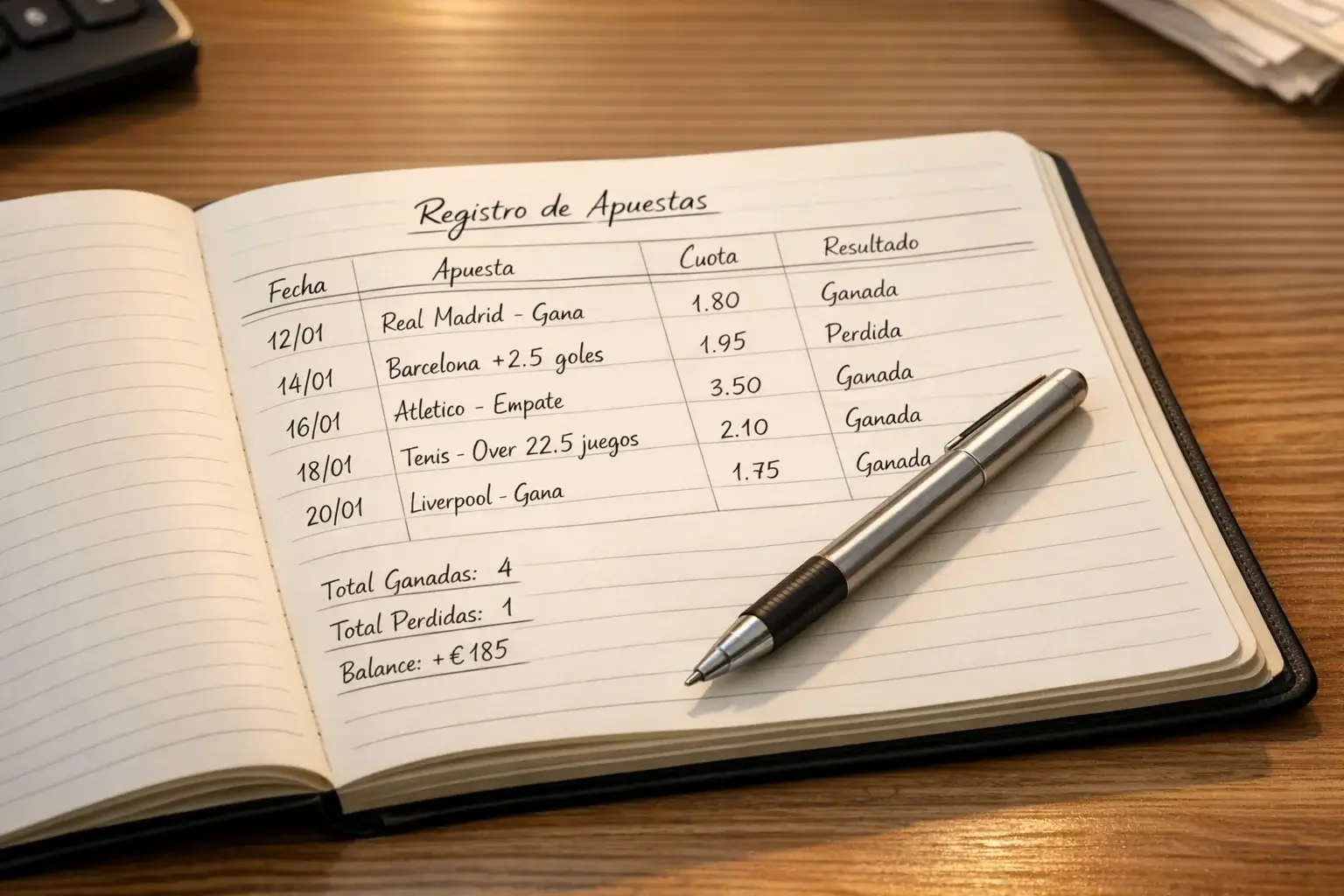 Cuaderno abierto con anotaciones de seguimiento de apuestas