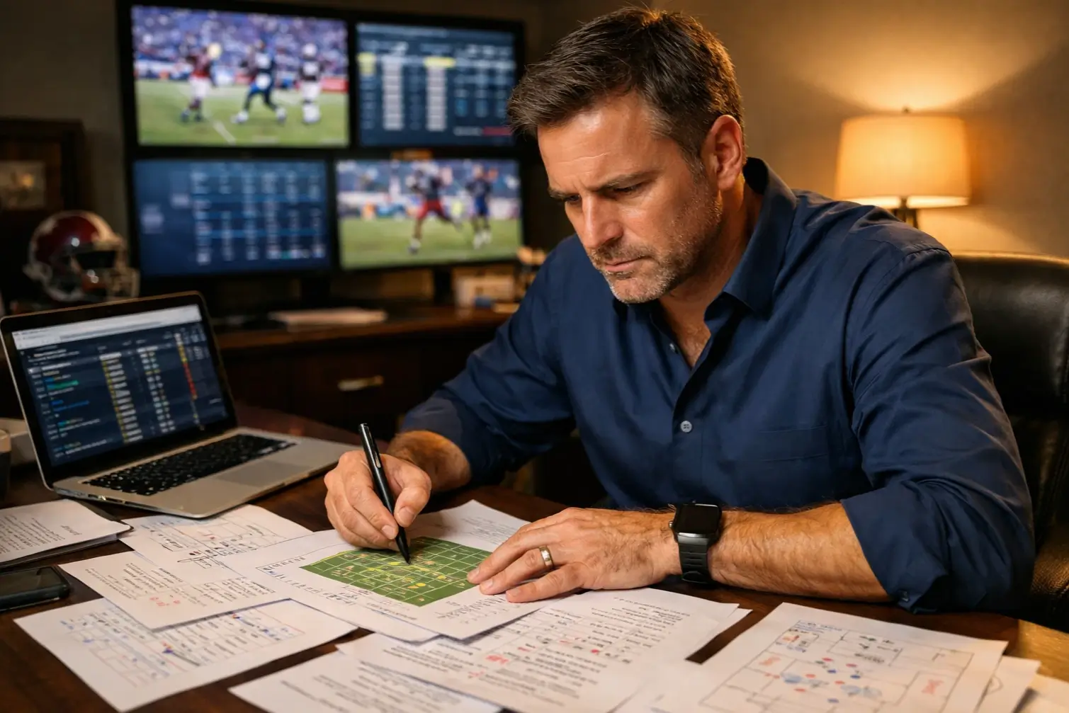Analista deportivo estudiando datos de partidos de fútbol en su escritorio