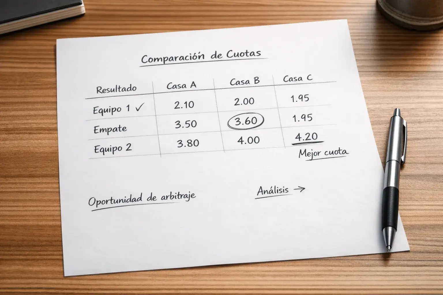 Comparaci&oacute;n de diferentes cuotas de apuestas en una hoja de an&aacute;lisis