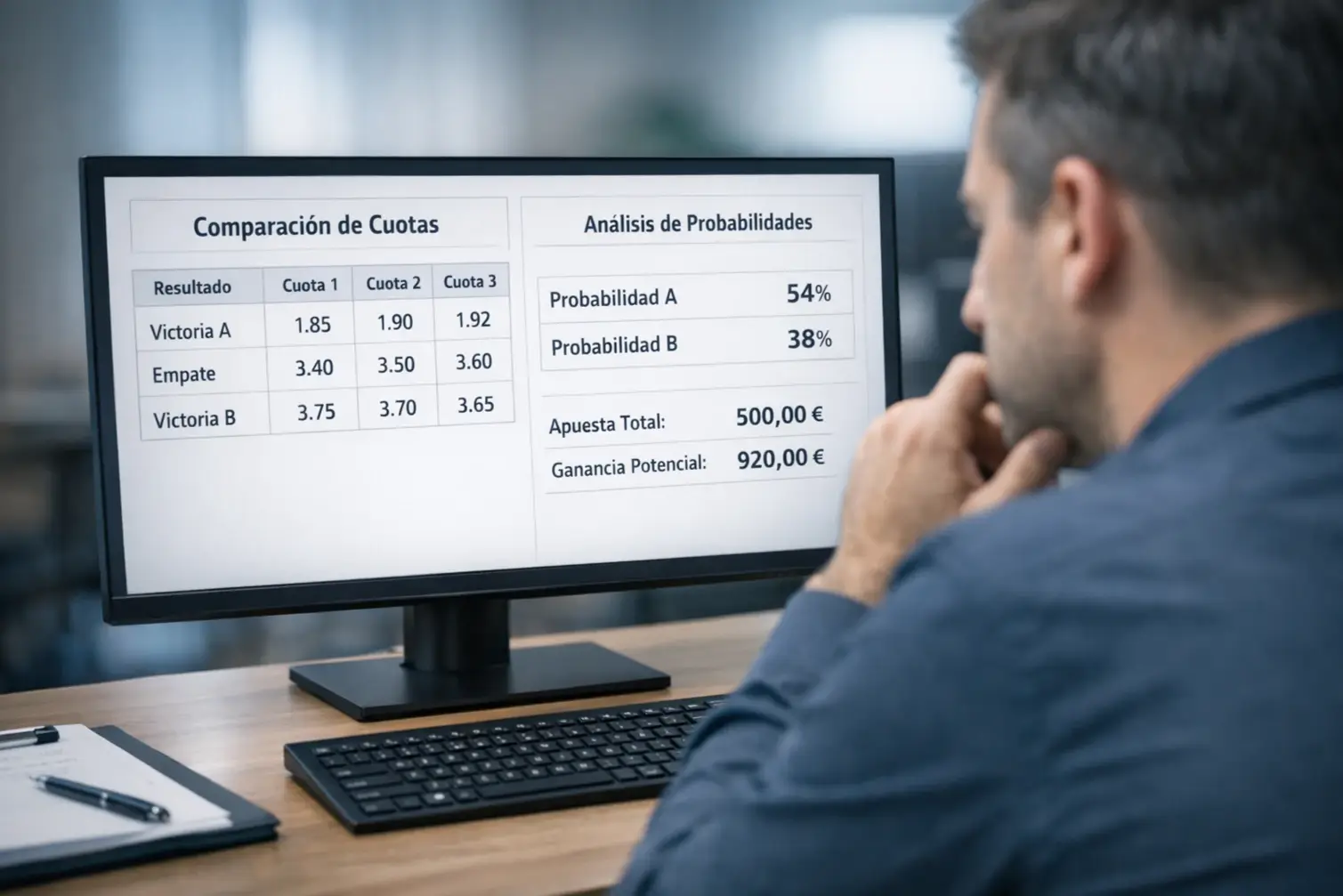 Persona trabajando con múltiples pantallas comparando datos de apuestas