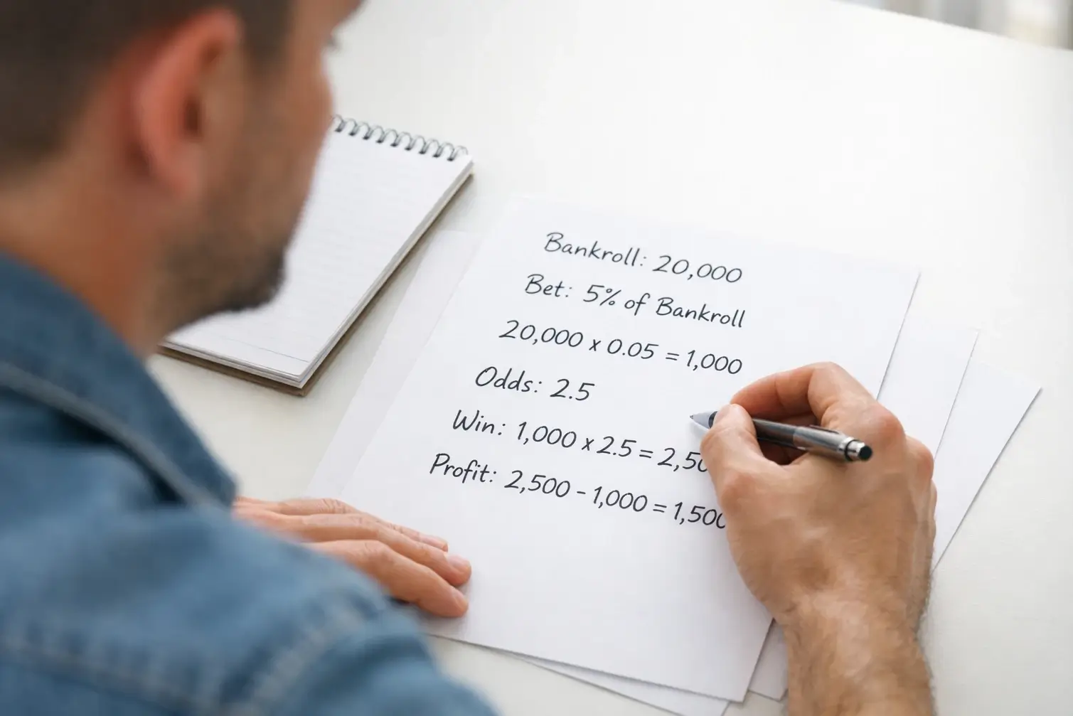 Persona calculando estrategia de apuestas con papel y bolígrafo
