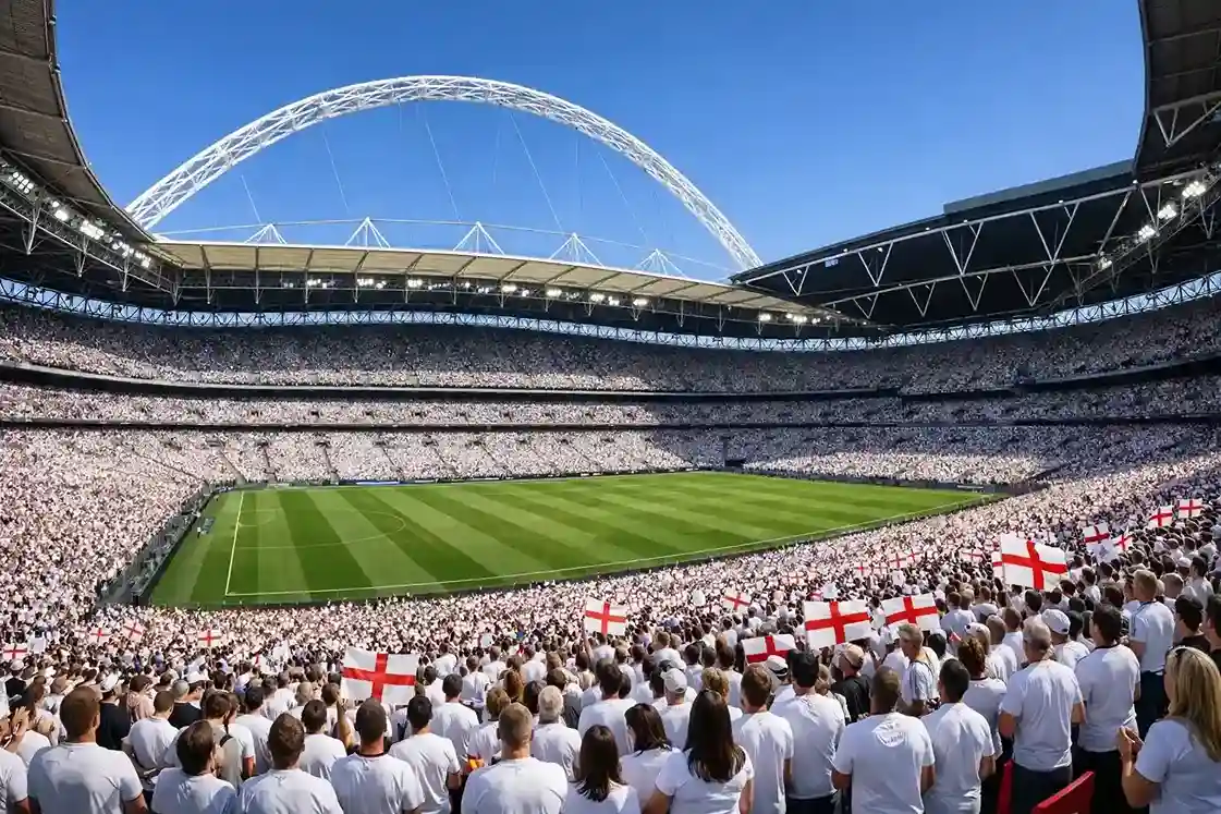 Vista panorámica del estadio de Wembley lleno de aficionados ingleses
