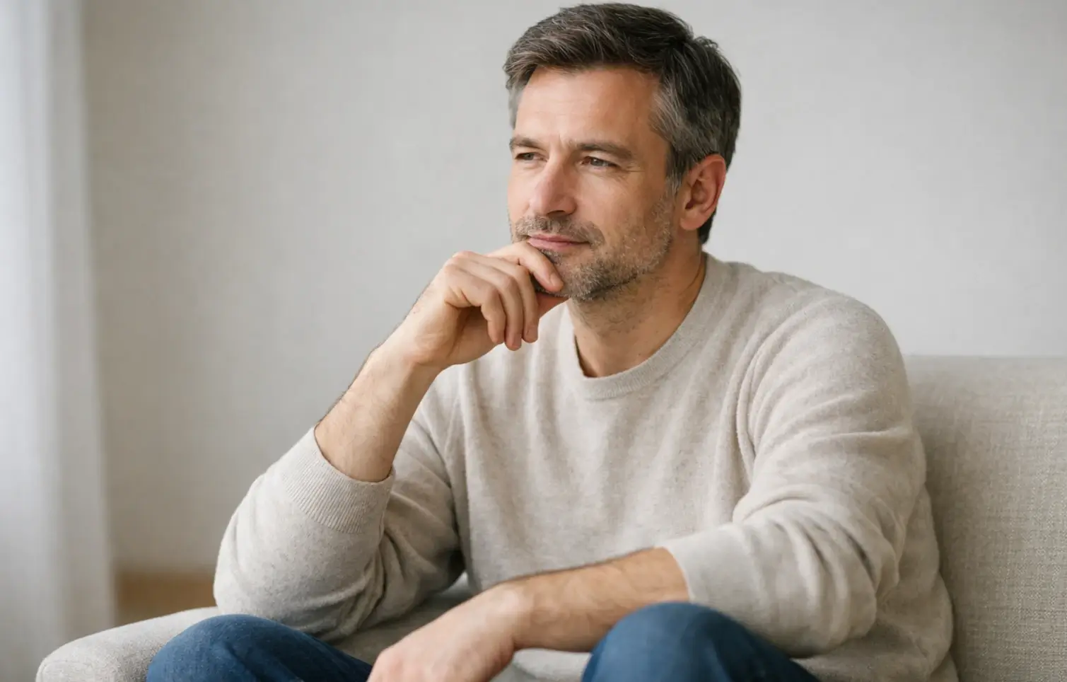 Persona en actitud reflexiva pensando con calma antes de tomar una decisión
