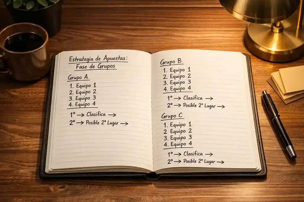 Libreta con anotaciones de estrategia de apuestas y tabla de grupos