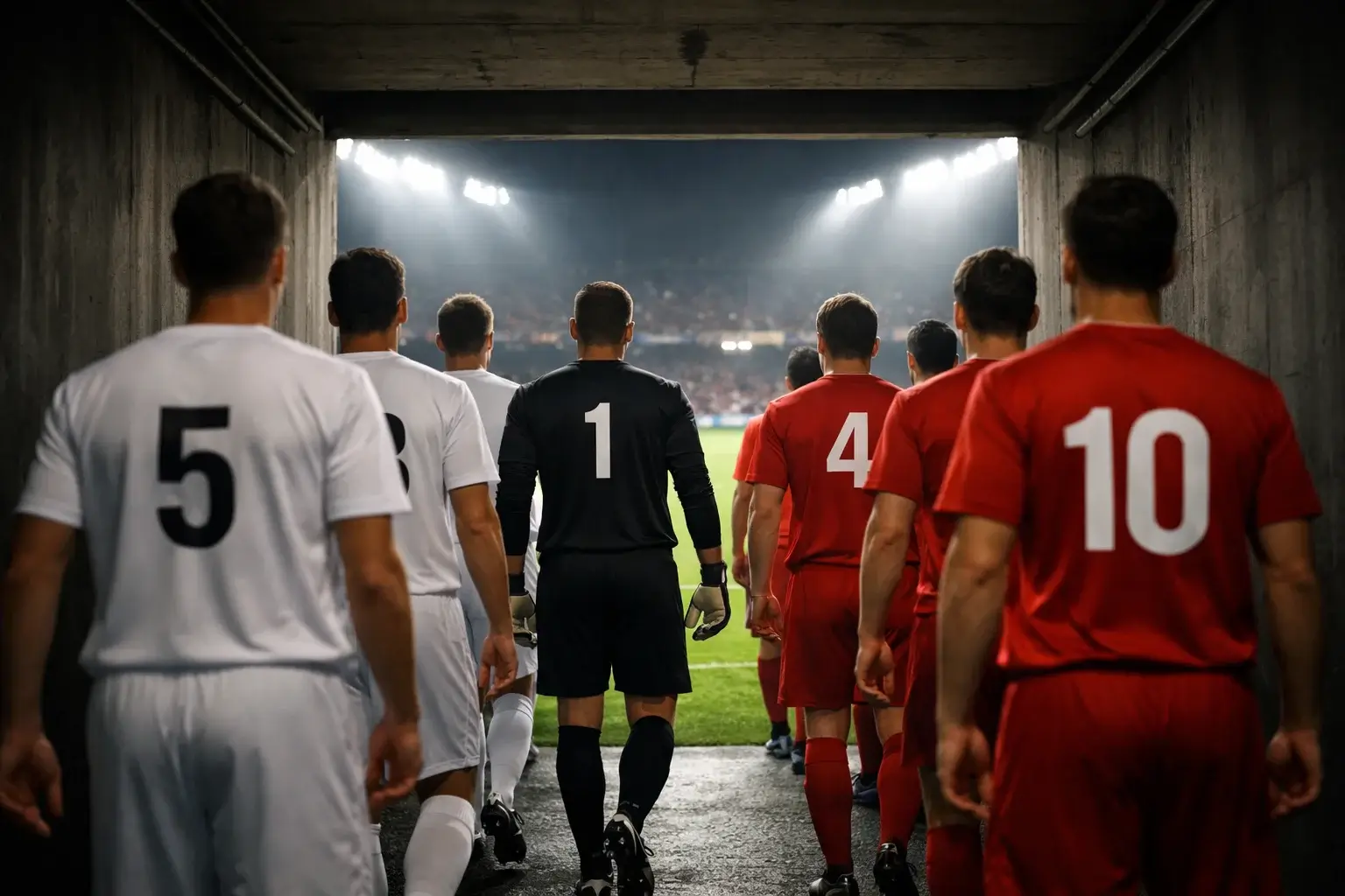 Jugadores de fútbol en el túnel de vestuarios antes de salir al campo