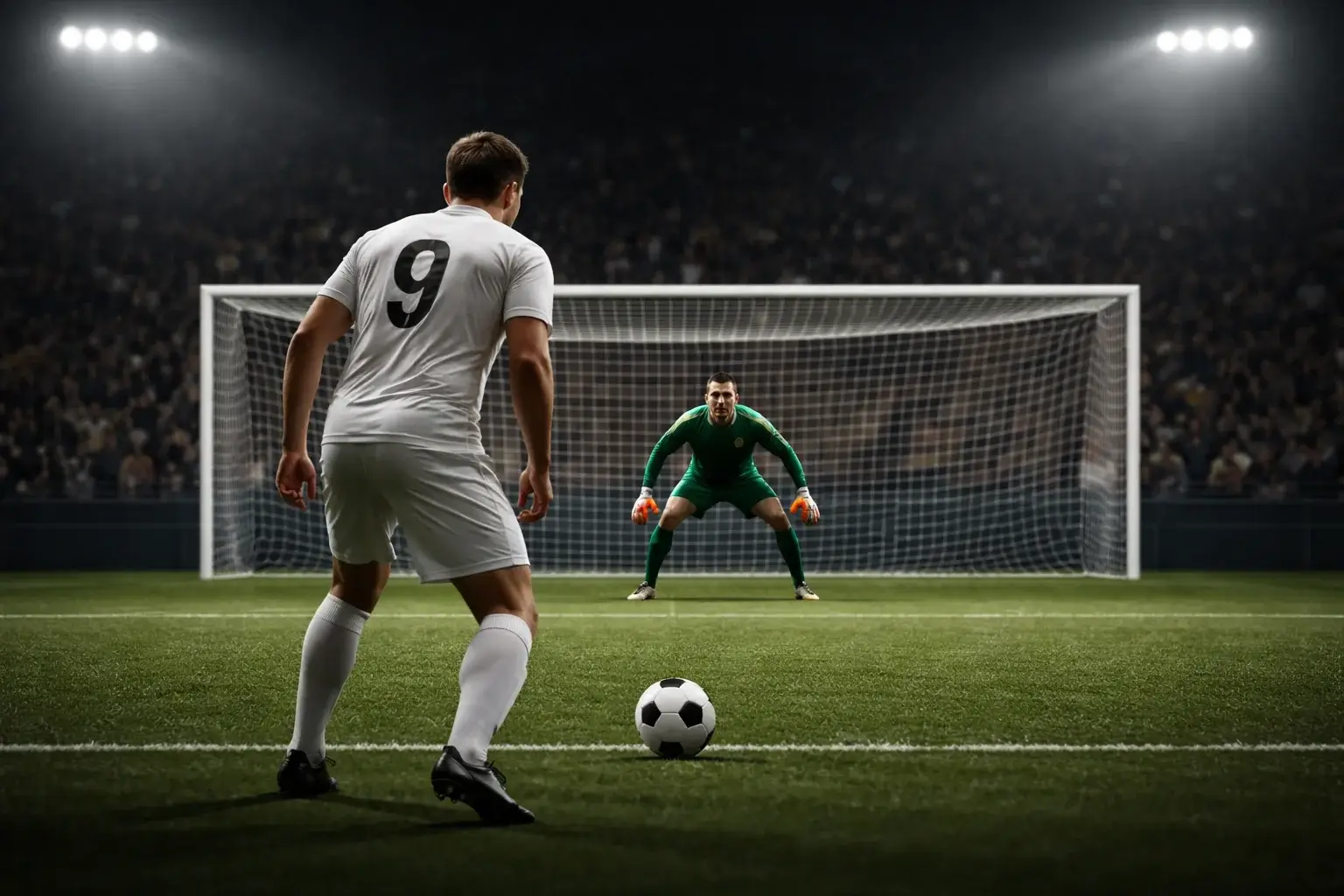 Jugador de f&uacute;tbol concentrado antes de lanzar un tiro libre en un momento decisivo