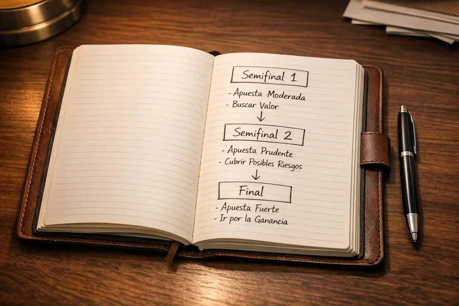 Libreta con planificación de apuestas para semifinales y final junto a un bolígrafo