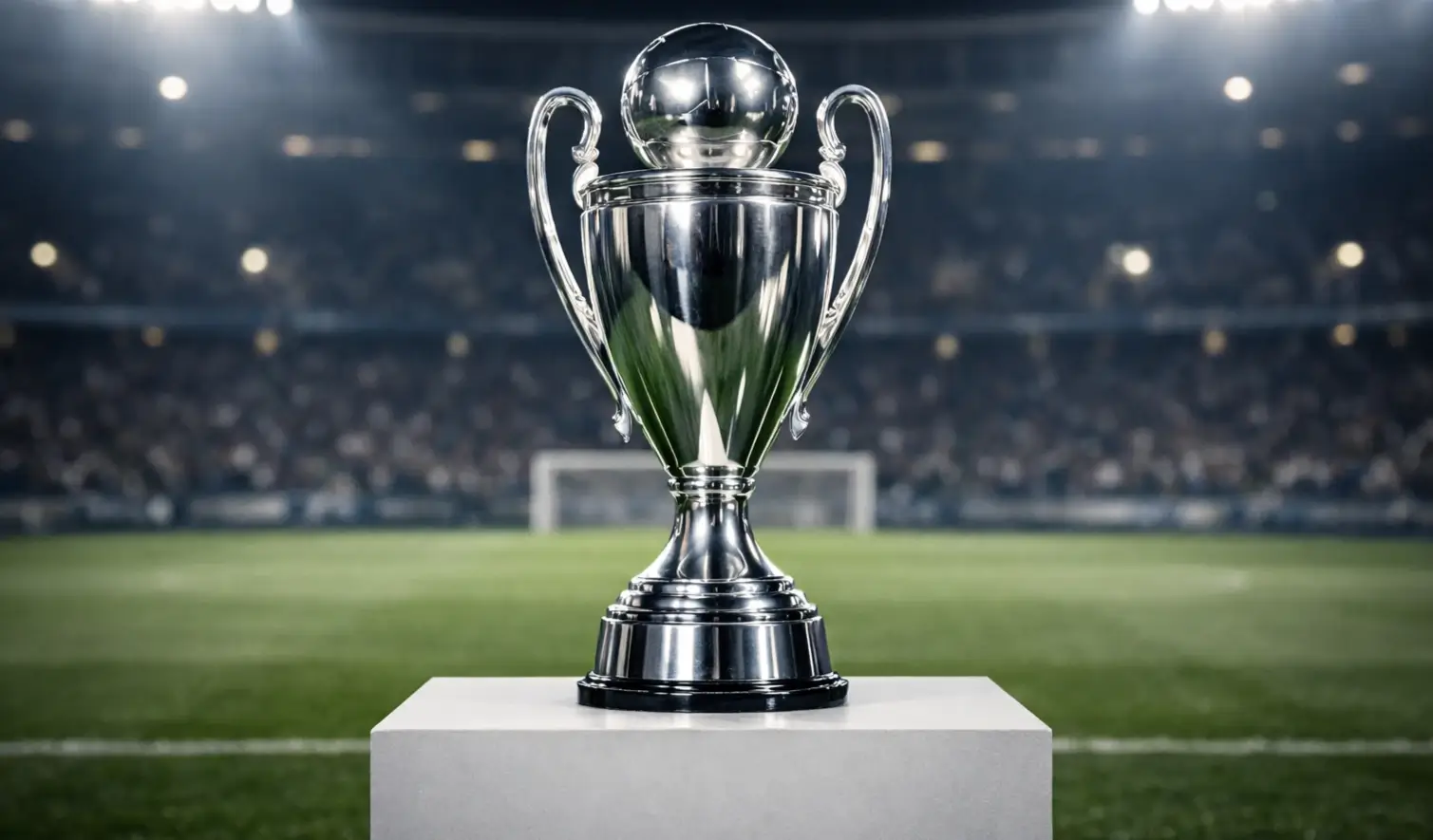 Trofeo de la Eurocopa iluminado en el centro del campo antes de la final