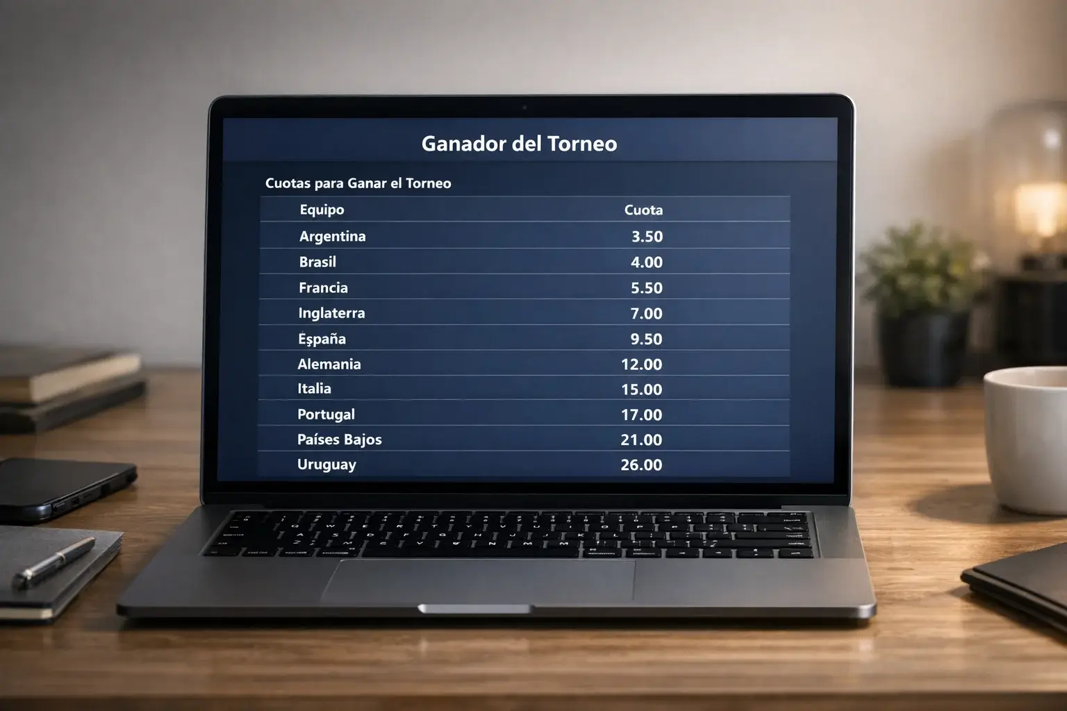 Pantalla mostrando cuotas de diferentes selecciones para ganar la Eurocopa