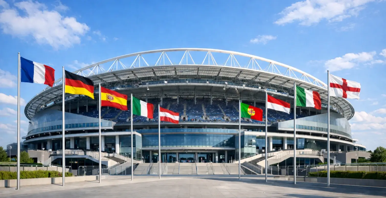 Vista de un estadio europeo de fútbol con banderas de diferentes países