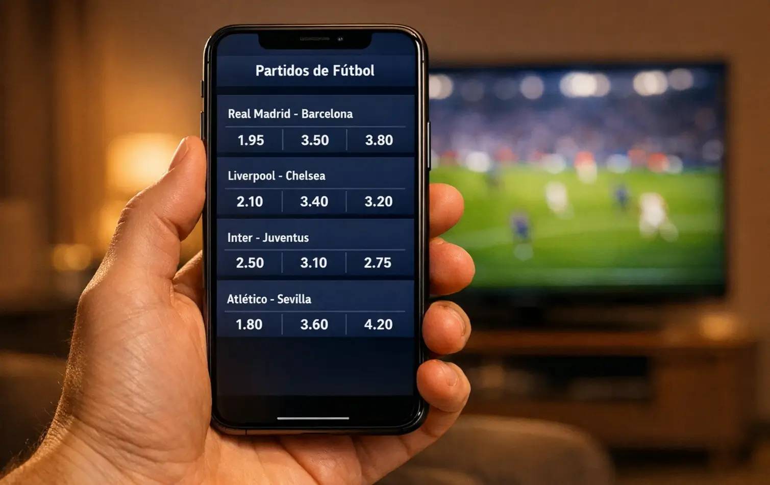 Smartphone mostrando aplicación de apuestas deportivas con partido de fútbol de fondo