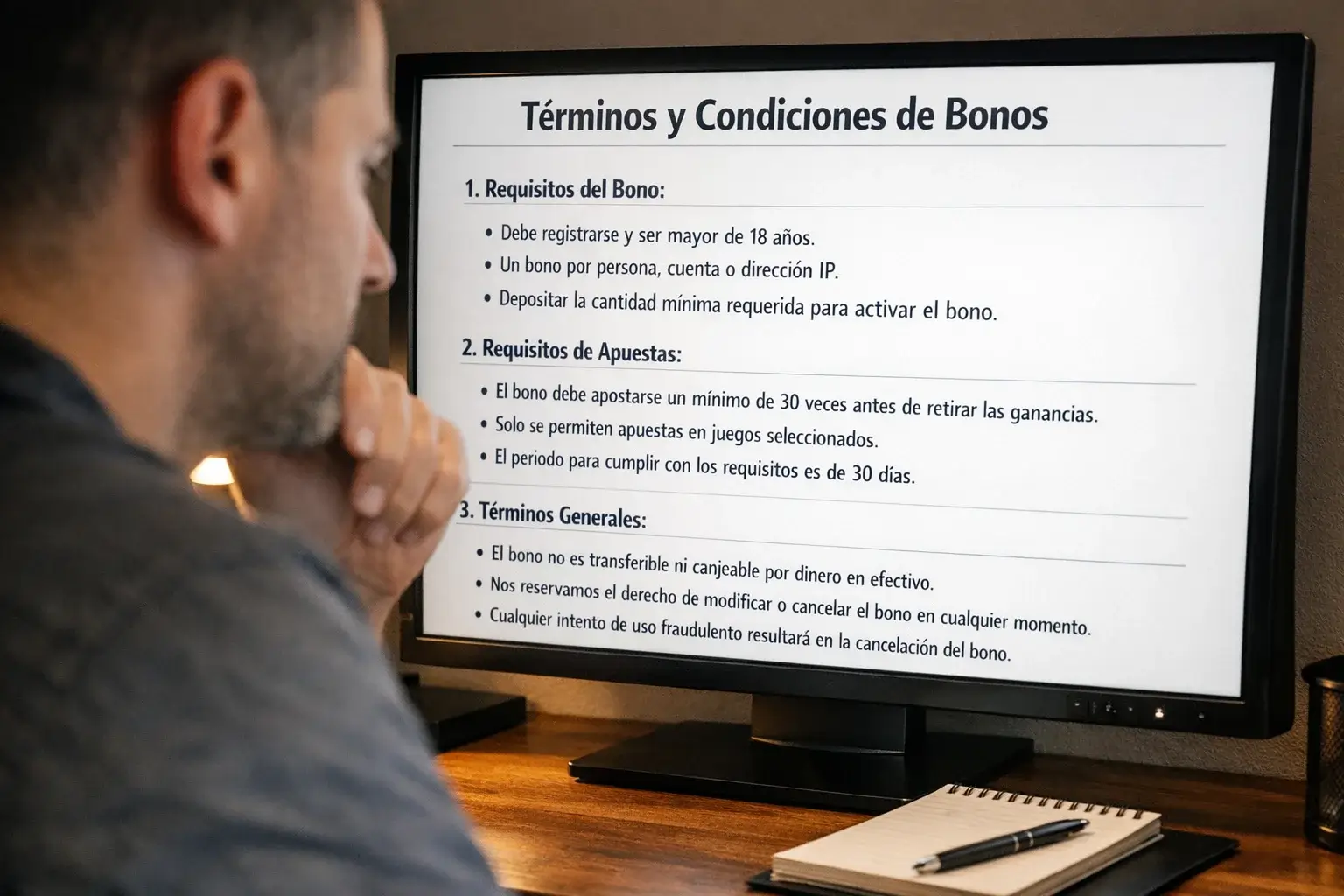 Persona leyendo t&eacute;rminos y condiciones en una pantalla de ordenador
