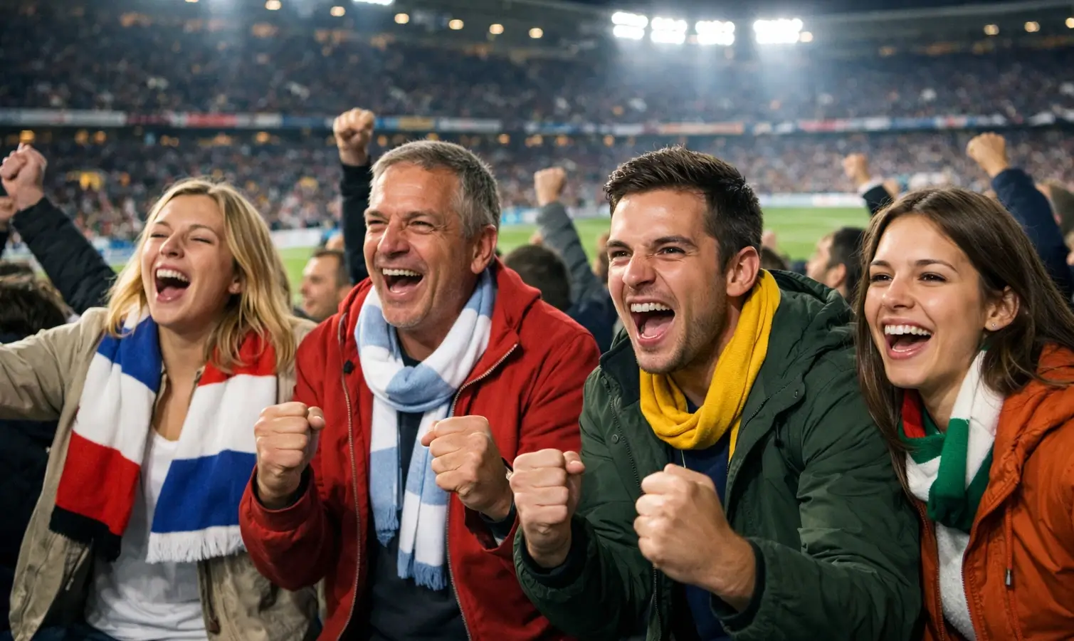 Aficionados celebrando en un estadio de fútbol europeo