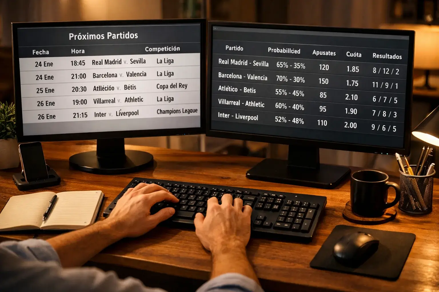 Espacio de trabajo con m&uacute;ltiples pantallas mostrando datos de apuestas