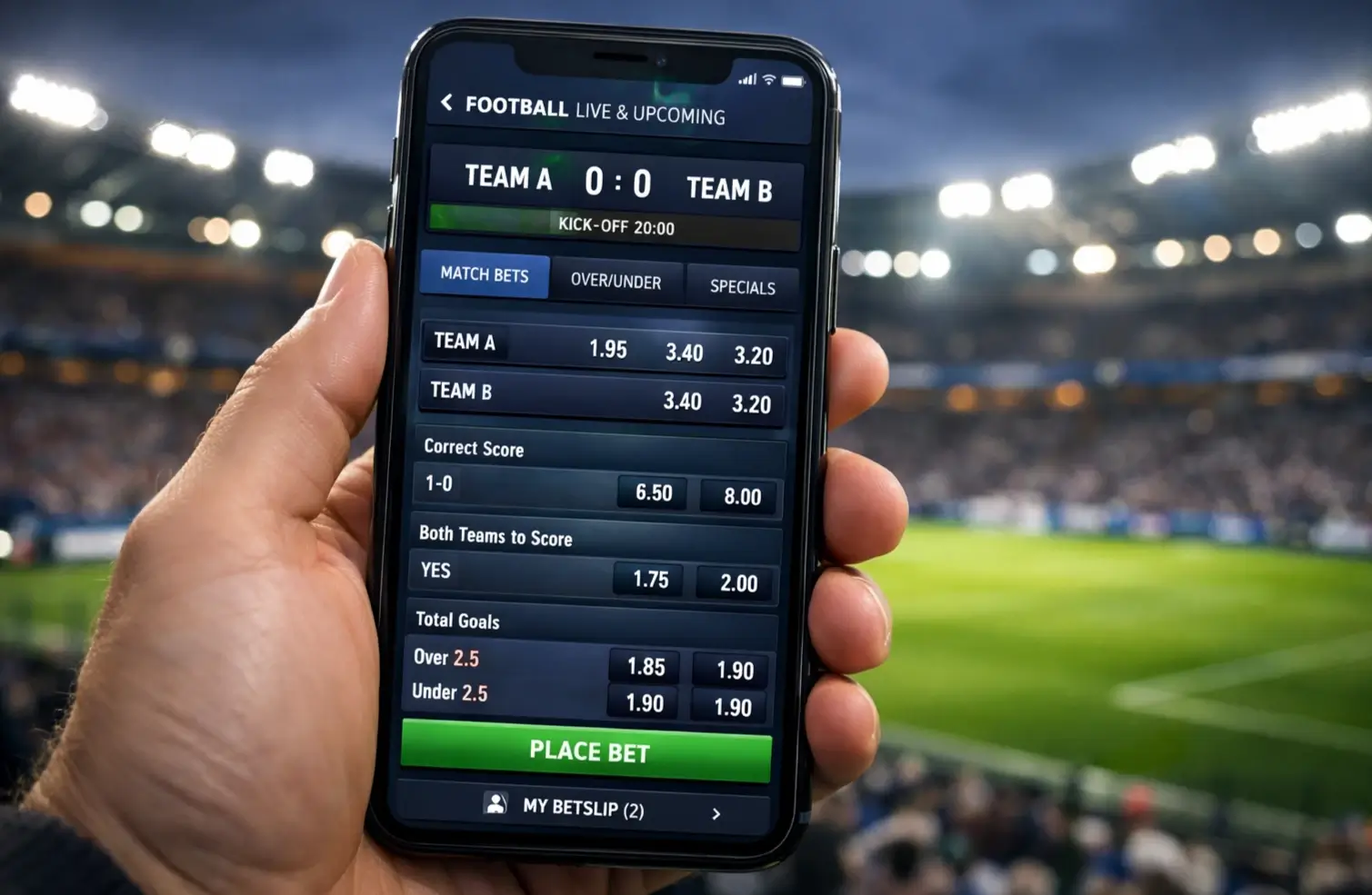Smartphone mostrando aplicación de apuestas deportivas con estadio de fondo