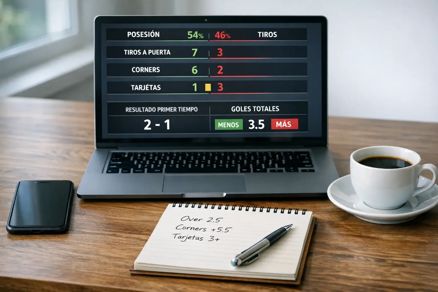 Escritorio de trabajo con laptop, smartphone y bloc de notas para análisis de apuestas