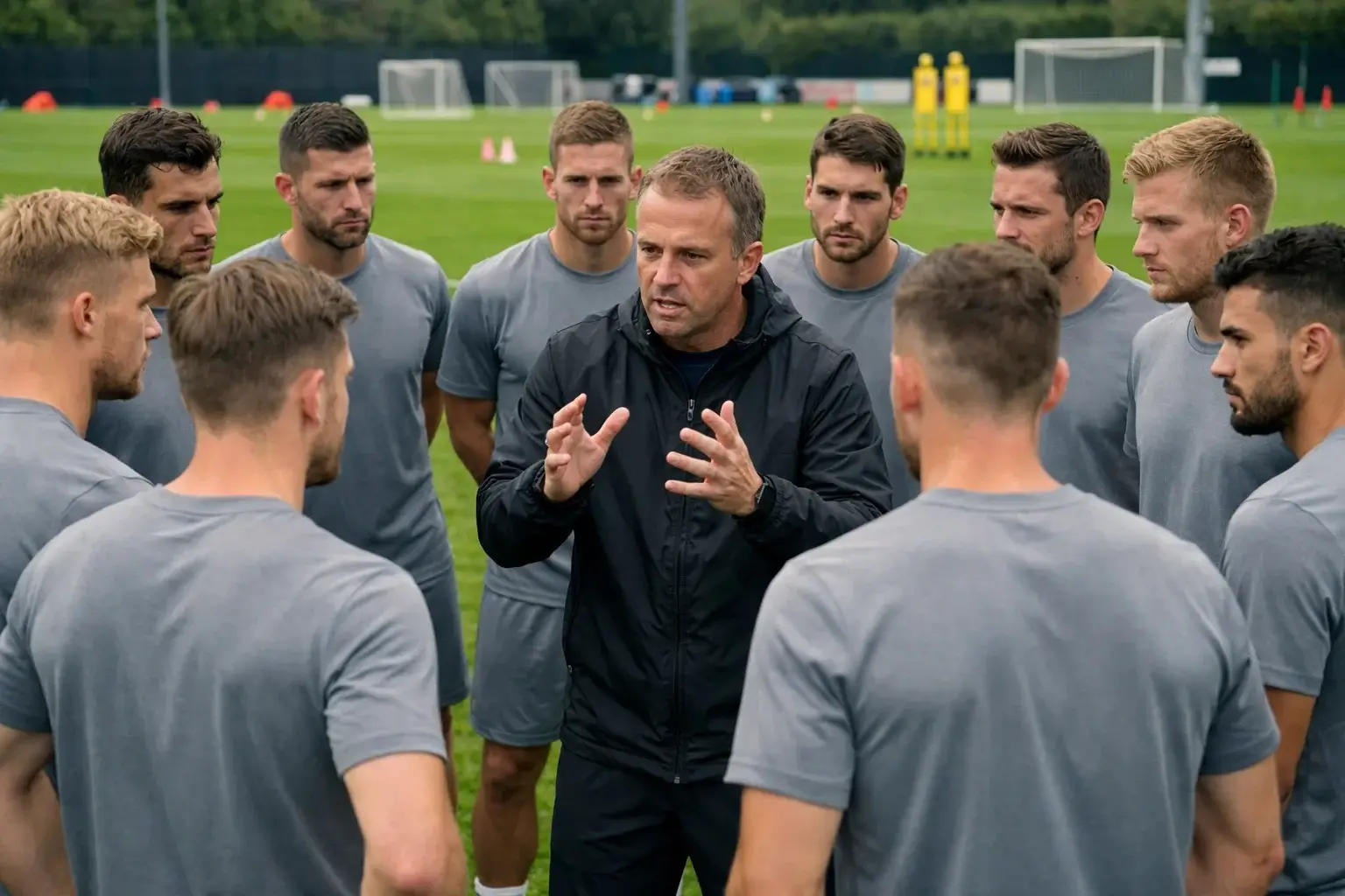 Jugadores de Alemania escuchando instrucciones t&aacute;cticas durante un entrenamiento