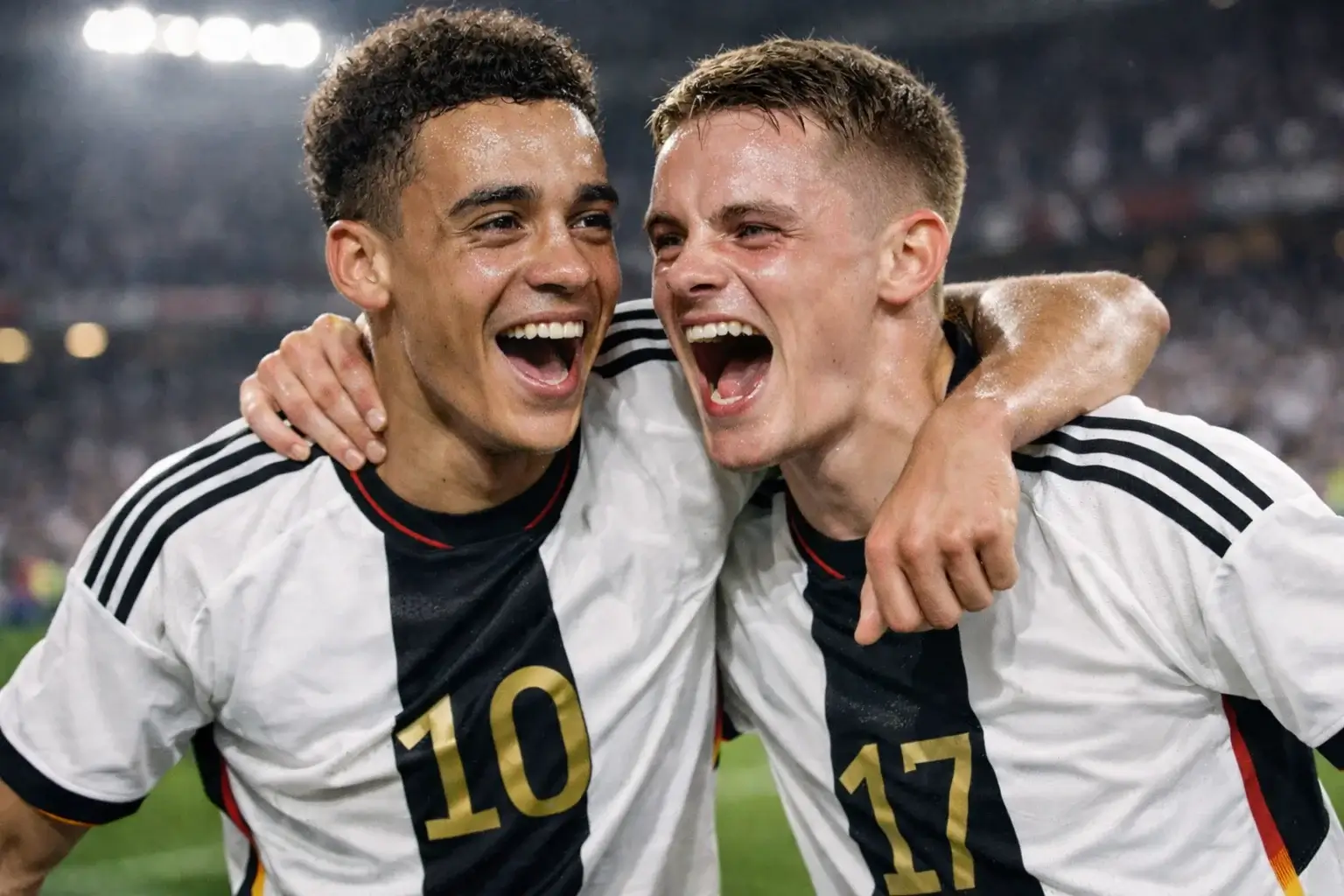 Jamal Musiala y Florian Wirtz celebrando un gol con la selecci&oacute;n alemana