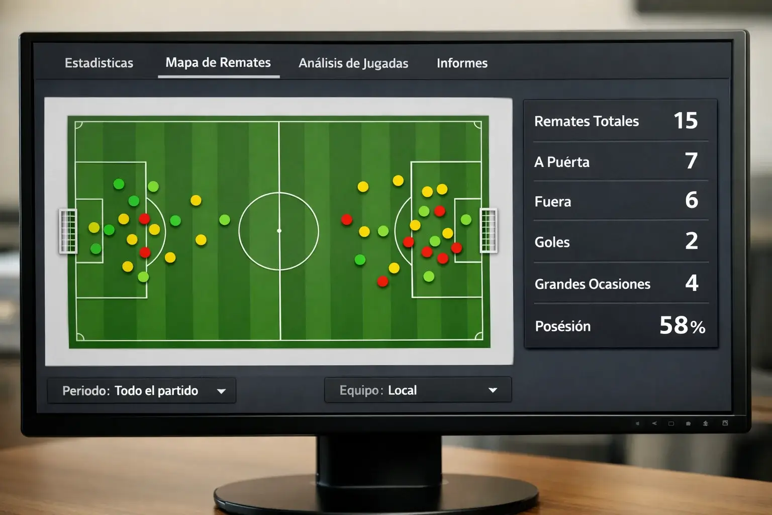 Pantalla mostrando mapa de tiros y estad&iacute;sticas xG de un partido de f&uacute;tbol
