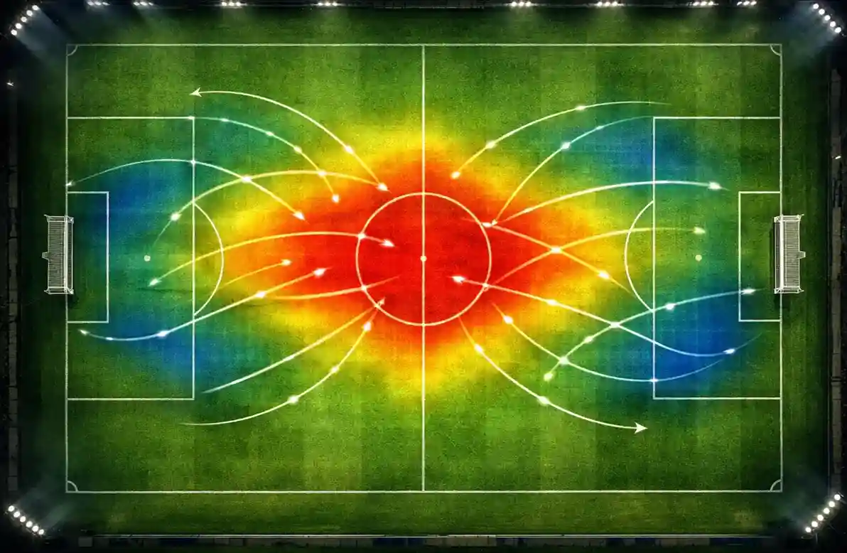 Campo de fútbol europeo con visualización de datos superpuesta