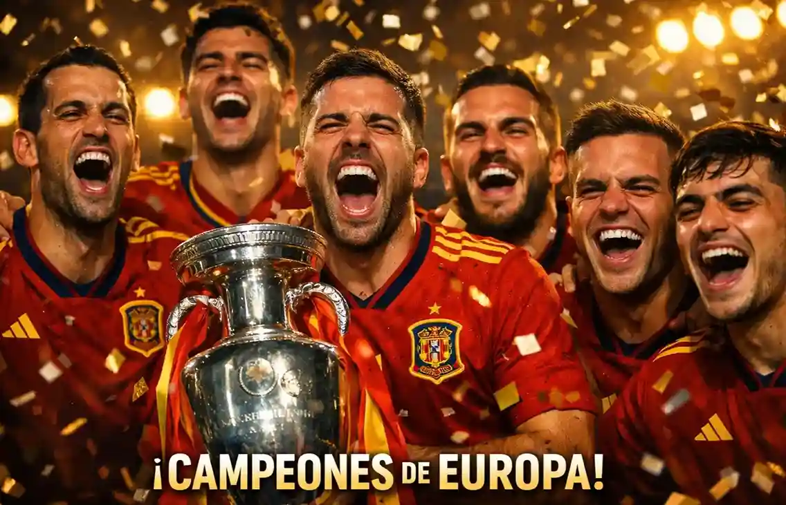 Jugadores de la selección española de fútbol celebrando con el trofeo de la Eurocopa
