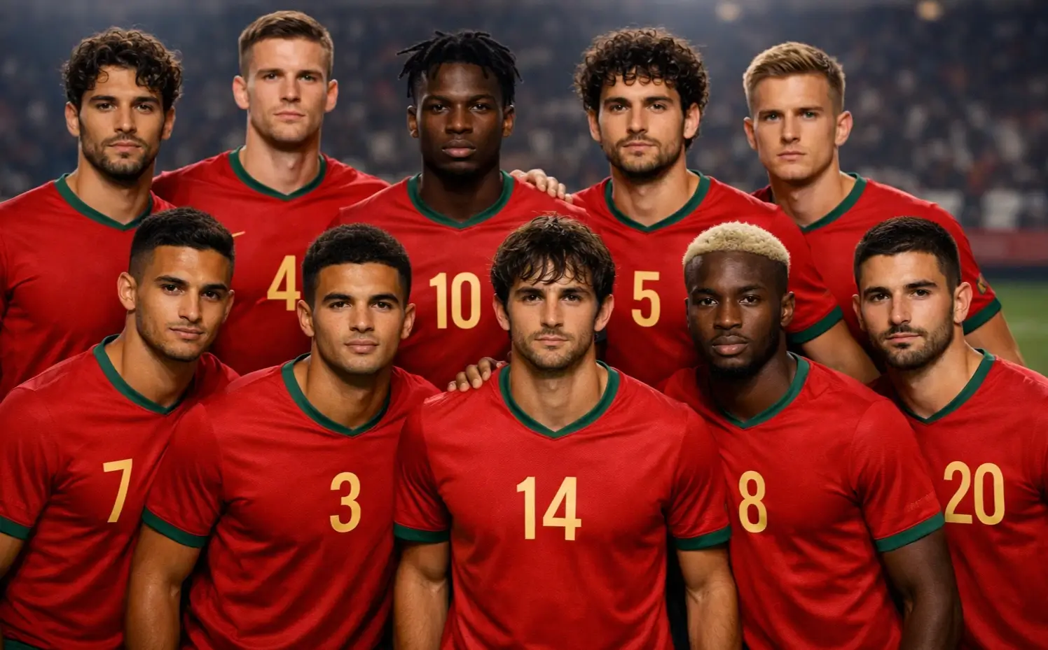 Jugadores de la selección portuguesa de fútbol con la equipación roja y verde