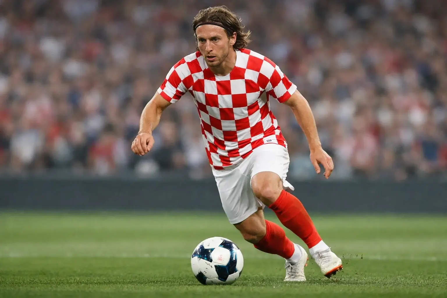 Luka Modrić conduciendo el balón durante un partido internacional con Croacia