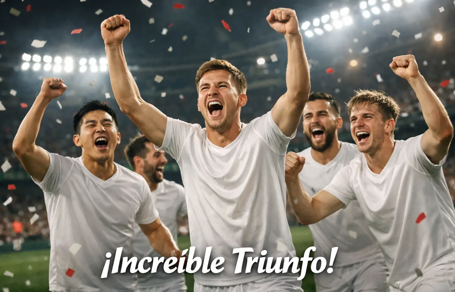 Jugadores de una selección menor celebrando una victoria sorpresa en un estadio de fútbol