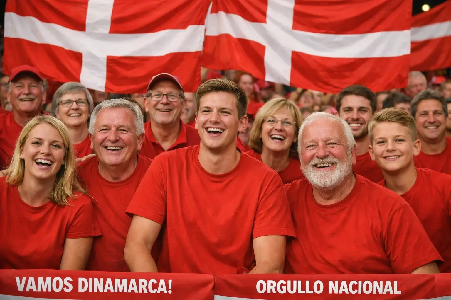 Aficionados daneses ondeando banderas rojas y blancas en las gradas