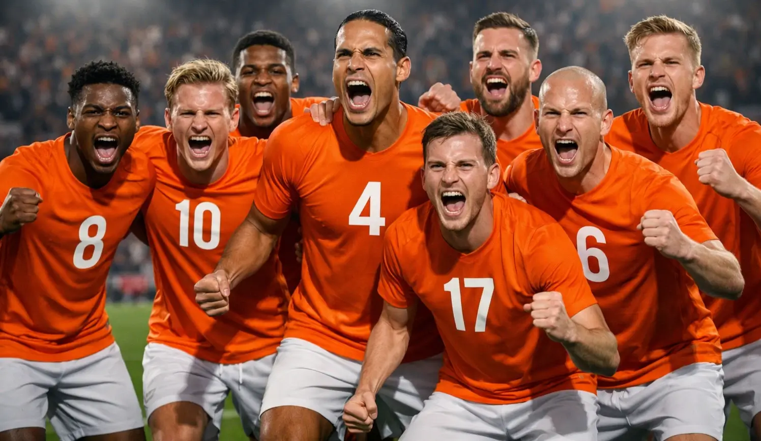Jugadores de la selección holandesa de fútbol con la camiseta naranja celebrando
