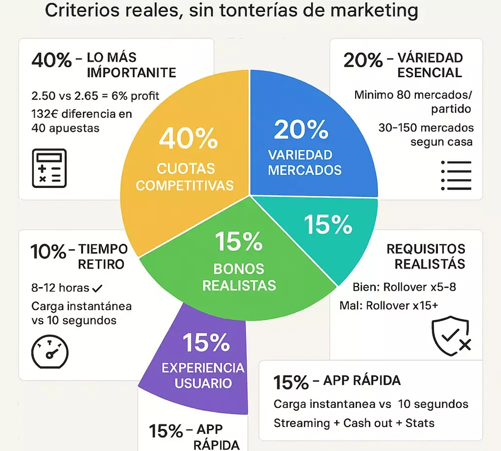 Criterios de evaluaci&oacute;n de casas de apuestas: 40% cuotas, 20% mercados, 15% bonos, 15% experiencia, 10% pagos