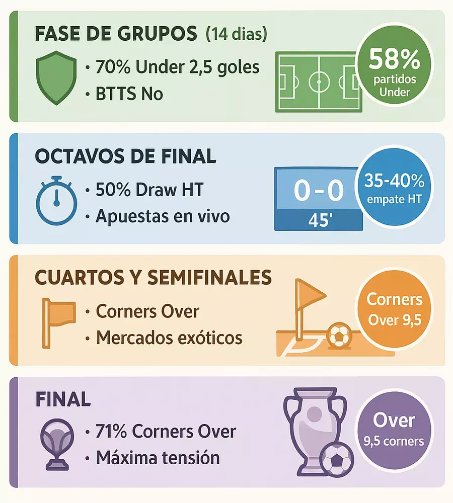 Infograf&iacute;a de estrategias de apuestas seg&uacute;n cada fase de la Eurocopa 2025: grupos, octavos, cuartos y final