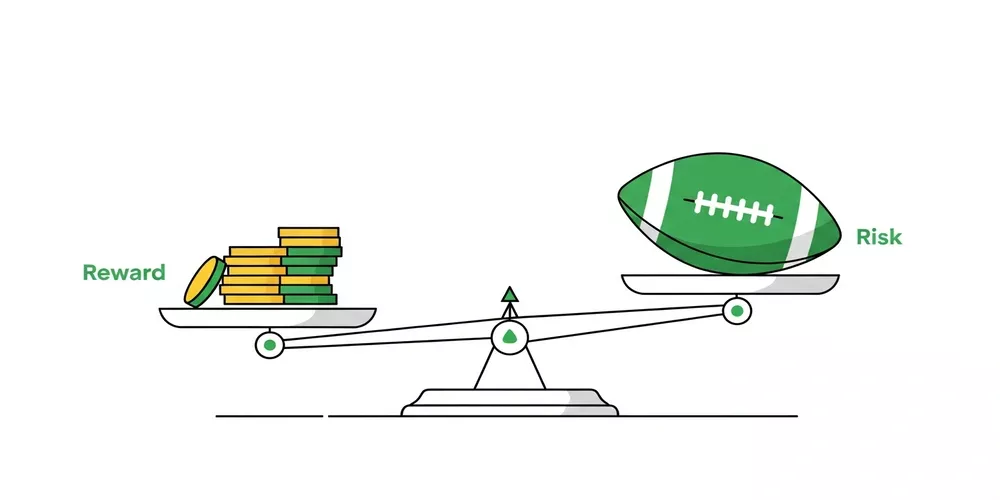 Balance scales with coins and football symbolizing Kelly formula