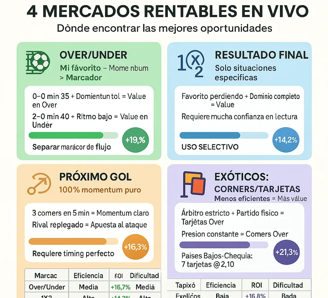 4 mercados m&aacute;s rentables para apuestas en vivo: Over/Under, 1X2, pr&oacute;ximo gol, corners y tarjetas con ROI demostrado