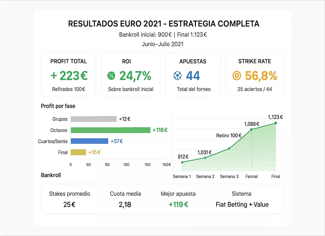 Dashboard con resultados reales de estrategia de apuestas en Euro 2021: profit de 223 euros y ROI 24.7%