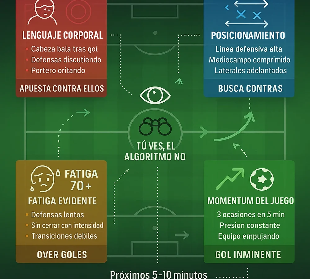5 se&ntilde;ales visuales que debes observar en el partido para apuestas en vivo: lenguaje corporal, t&aacute;ctica, fatiga, momentum