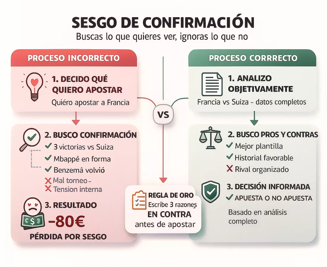 Comparaci&oacute;n del proceso incorrecto vs correcto en an&aacute;lisis de apuestas para evitar sesgo de confirmaci&oacute;n