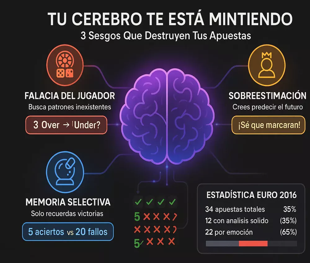 Infograf&iacute;a de sesgos cognitivos del cerebro: falacia del jugador, sobreestimaci&oacute;n y memoria selectiva en apuestas